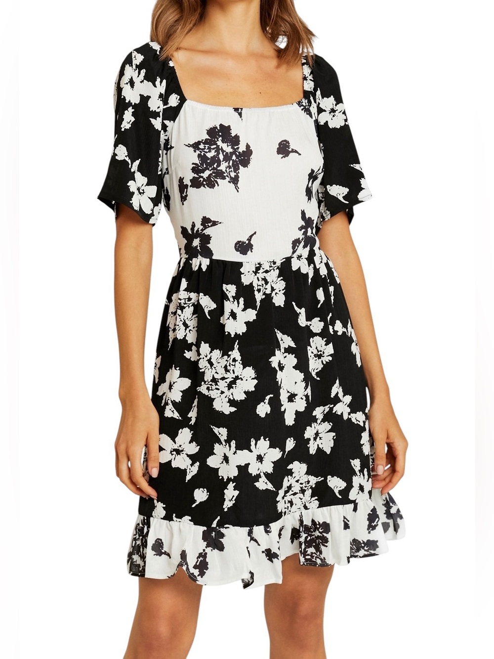 VILA Black and White Floral Square Neck Mini Dress